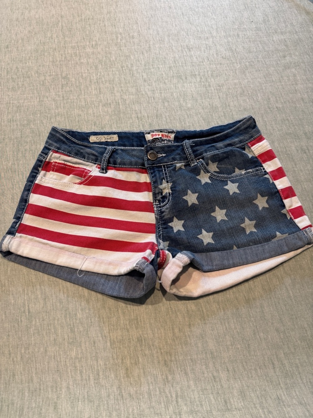 Hot Kiss Denim Shorts with Red Stripes and Blue Star Panel